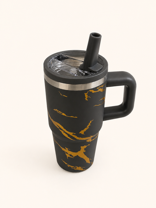 Eleganter Thermobecher mit Marmorierung & Strohalm – 500 ml